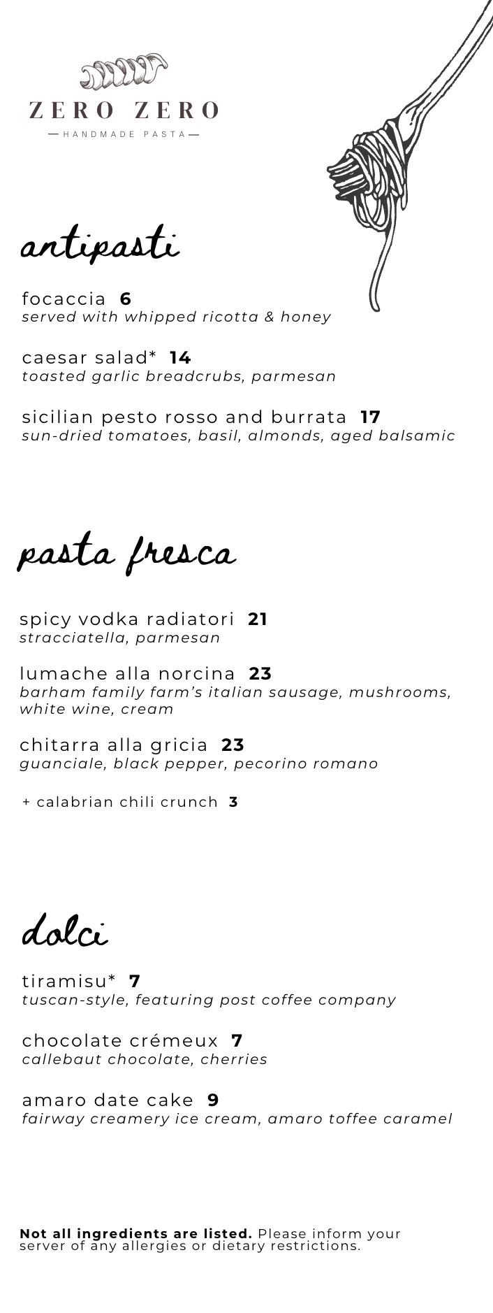 オーダーメニュー Lunch Menu | Zero Zero | Handmade Pasta